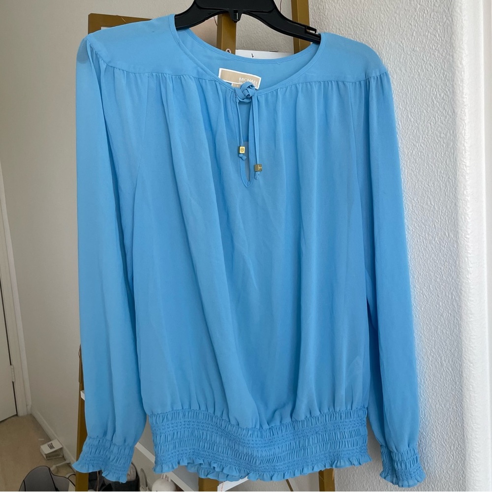 MICHAEL Michael Kors Blue Long Sleeve Front Tie Blouse Top